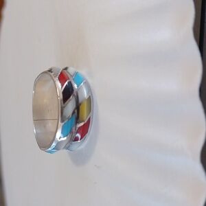 Native American Sterling Silver  Zuni Multi Stone Band Ring  9